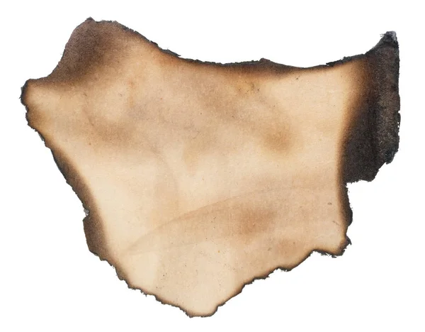 Kawałek Pożółkły Papier Spalił Czarne Krawędzie Zdjęcia Makro Studio Białym — Zdjęcie stockowe