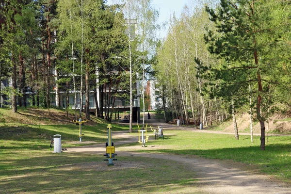 Enkel Sport Simulatorer Finns Grön Park Skogen Zonplanerar Modern Stad — Stockfoto