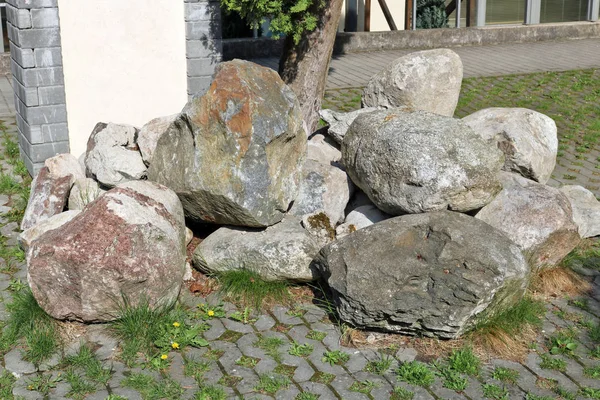 Large Granite Boulders Stones Piled Street Paving Slab Dandelion Flowers — Stock Photo, Image