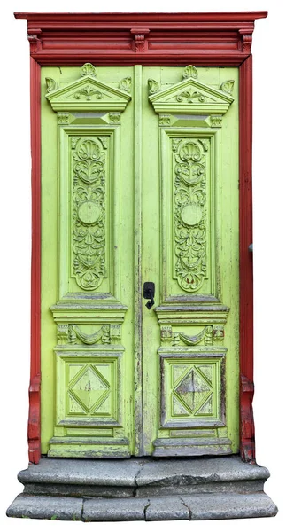 Very Old Archaic Green Wooden Door Red Frame Paint Crackled — Stock Photo, Image