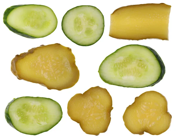 Pieces Green Fresh Salted Cucumber Isolated White Macro Set — Stock Photo, Image