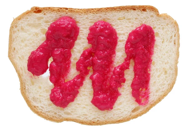 Plat Stuk Witte Tarwe Brood Gesmeerd Met Rode Mierikswortel Plakken — Stockfoto