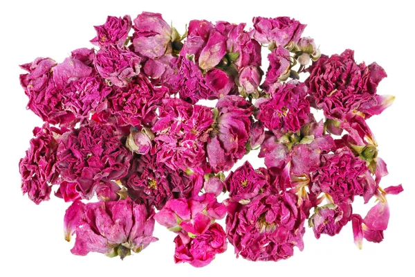 干粉红色的玫瑰花是用于茶叶生产的药品 在白色演播室宏拍摄时被隔离 — 图库照片