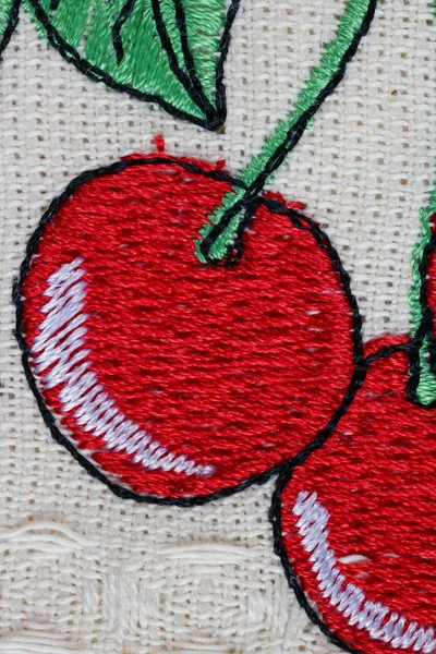 Homemade Simple Embroidery Colored Threads Canvas Red Cherry Fruit Macro — Stock Photo, Image