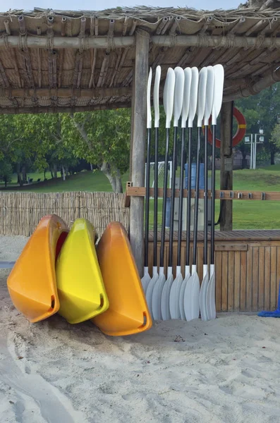 Sandstrand Des Meeres Werden Kajaks Aus Plastik Verschiedenen Farben Vermietet — Stockfoto