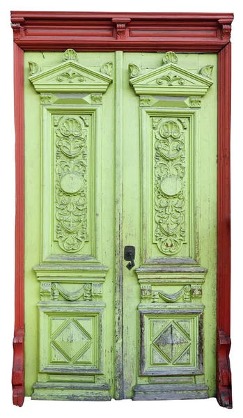 Handmade Vintage Wooden Green Door Red Frame Retro Rural Style — Stock Photo, Image