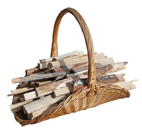 Birch Firewood Wicker Basket Isolated White Patch — Stock Photo, Image