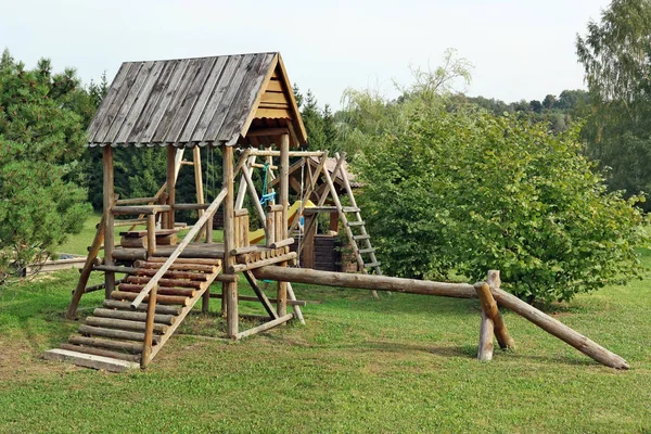 Children Wooden Handmade Playground Rural Garden Autumn Day Outdoor Landscape — Stock Photo, Image