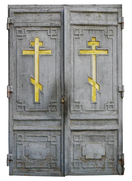 Puertas Sucias Madera Bloqueadas Antigua Iglesia Histórica Con Cruces Cristianas —  Fotos de Stock