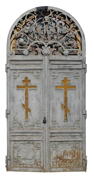 Puertas Sucias Madera Bloqueadas Antigua Iglesia Histórica Con Cruces Cristianas —  Fotos de Stock