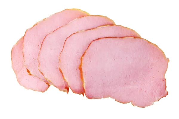 Five Thin Homemade Slices Pink Smoked Ham Isolated Studio Macro — Stock Photo, Image