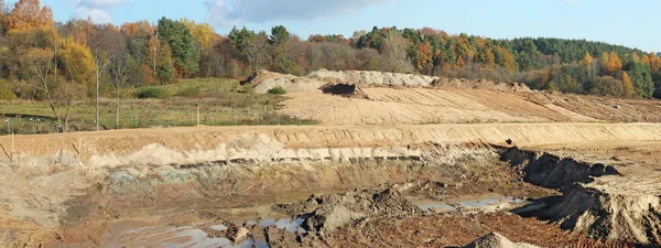 Large Hills Pits Sand Traces Heavy Bulldozer Tractors Autumn Forest — Stock Photo, Image