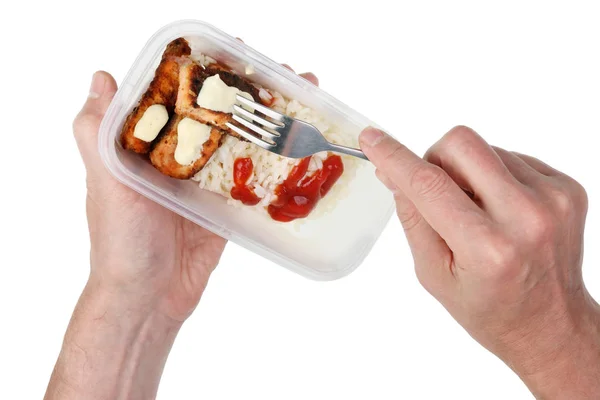 Poor Elderly Man Eating Fried Fish Rice Plastic Container Isolated — Stock Photo, Image