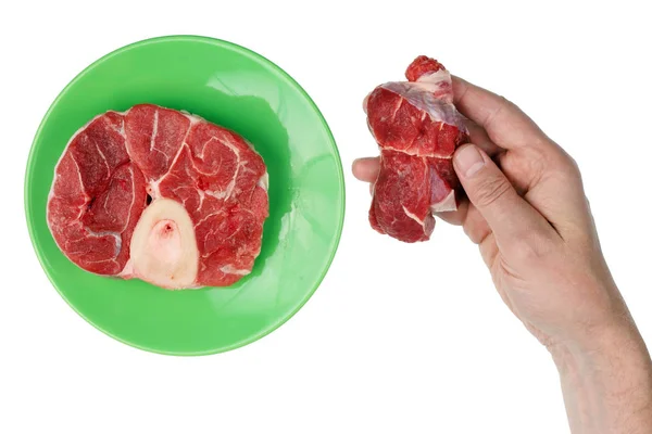 Kucharz Mężczyzna Sprawdza Jakość Mięsa Świeżej Wołowiny Przed Gotowaniem Białym — Zdjęcie stockowe