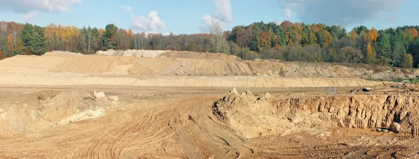 Large Hills Pits Sand Traces Heavy Bulldozer Tractors Autumn Forest — Stock Photo, Image