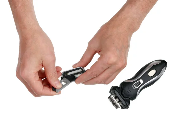 Elderly Man Cleans Old Electric Name Shaver Dirt Hair Isolated — Stock Photo, Image