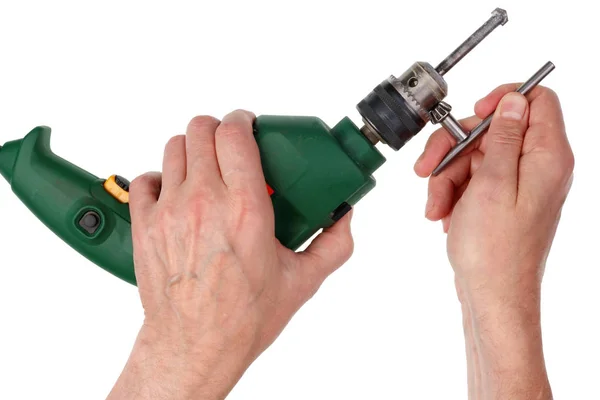 Elderly Male Home Master Replaces Drill Comact Electric Drilling Machine — Stock Photo, Image