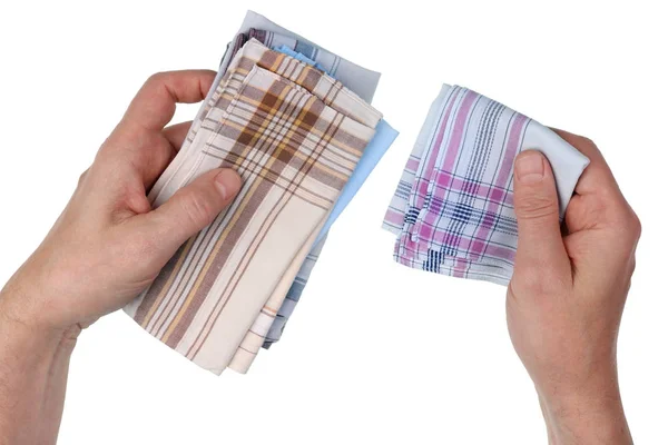 Elderly Poor Man Chooses Clean Handkerchief Put His Pocket Isolated — Stock Photo, Image