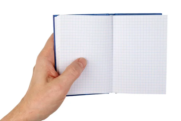 Anciano Sostiene Mano Cuaderno Abierto Con Páginas Vacías Aislado Blanco — Foto de Stock