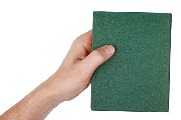 Anciano Tiene Libro Verde Cerrado Mano Aislado Concepto Estudio Blanco — Foto de Stock