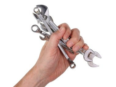 Yaşlı ev tamirci tutun el öbek eski paslı aracın çalışması için gerekli. Beyaz üstten görünüm studio vurdu izole