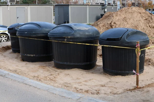 Street City Install New Modern Black Plastic Containers Collection Household — Stock Photo, Image