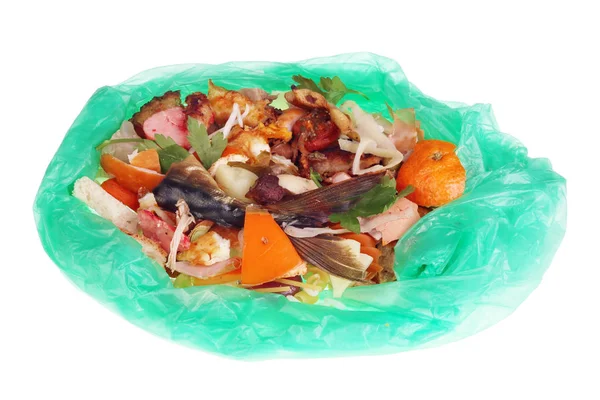 Lebensmittelabfälle Die Nach Dem Kochen Grünen Plastiktüten Zurückbleiben Isolierte Makro — Stockfoto