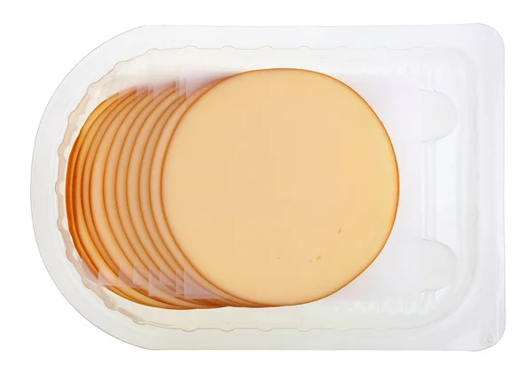 Plastik Kap Içinde Eritilmiş Füme Peynir Dilimleri Yuvarlak Levhalar Yama — Stok fotoğraf