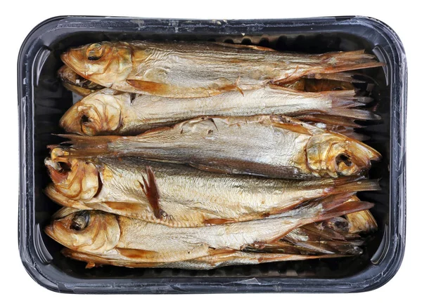 뜨거운 Capelin 물고기 물고기 머리와 플라스틱 전통적인 리투아니아 스튜디오 매크로와 — 스톡 사진