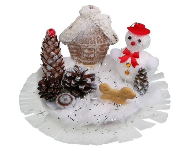 Christmas Handmade Installation Gingerbread House Rural Style Isolated White Studio — Stock fotografie