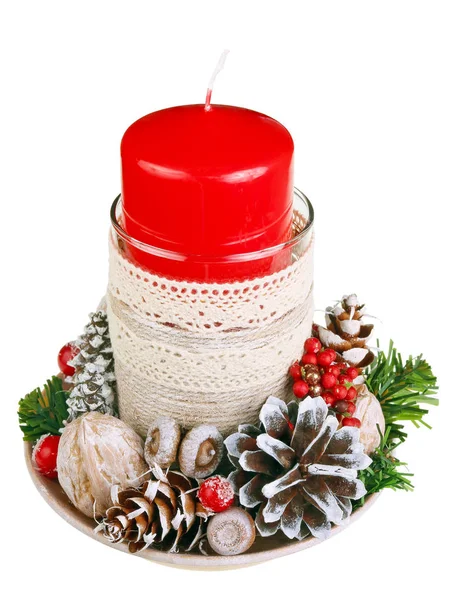 Caseiro Castiçal Natal Estilo Rústico Feito Corda Cones Isolado Macro — Fotografia de Stock