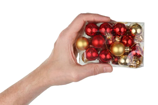 Grandfather Holds His Hand Plastic Box Christmas Balls Isolated White — Stok fotoğraf