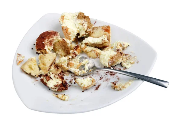 Scraps Remains New Year Dessert Tiramisu White Plate Isolated White — 图库照片