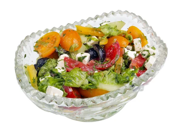 Christmas Greek Salad Vegetables Feta Cheese Crystal Vase Isolated White — Stockfoto