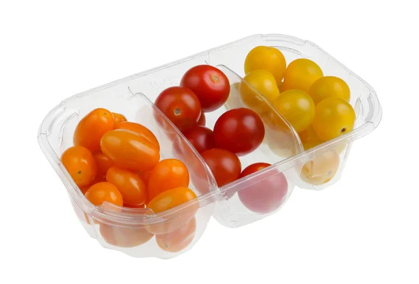 Yellow Red Cherry Tomatoes Clear Plastic Container Isolated Patch Studio — ストック写真