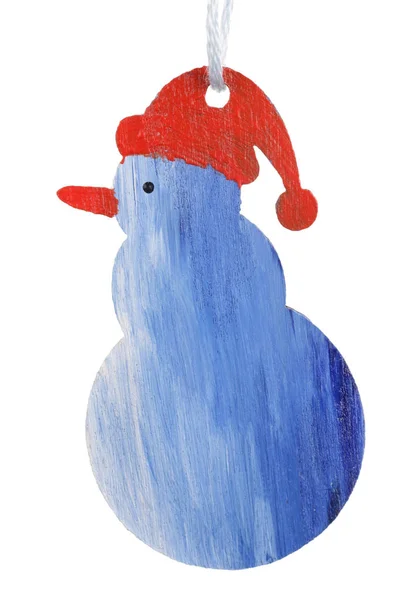 Homemade Christmas Snow Man Made Wood Painted Acrylic Paints Isolated — Stock Photo, Image