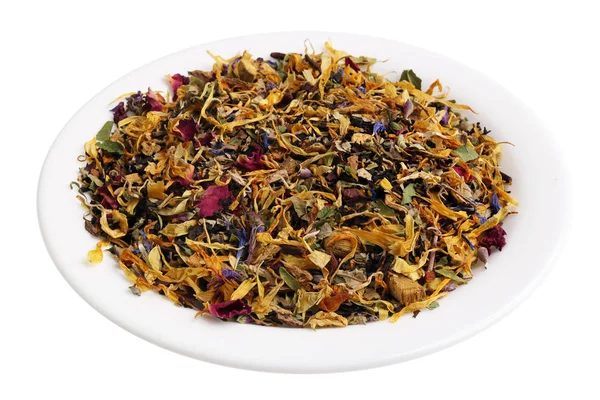 Trockener Tee Aus Exotischen Blumen Und Früchten Auf Einem Weißen — Stockfoto