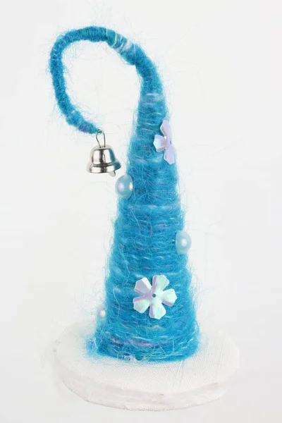 Handmade Christmas Tree Blue Threads Bell Studio Macro Shot — Stock Photo, Image