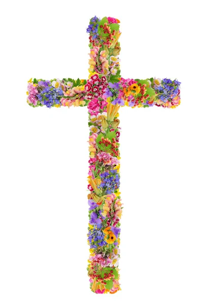 Cruz de Pascua de Jesús hecha de plantas de verano y flores isol — Foto de Stock