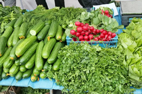 Petržel a okurky zeleniny čerstvé ředkvičky v ulici akcie — Stock fotografie