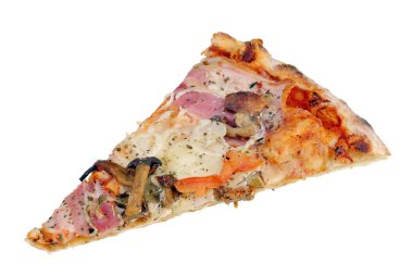 Mantar ve jambon ile sıcak pizza üçgen parçası izole