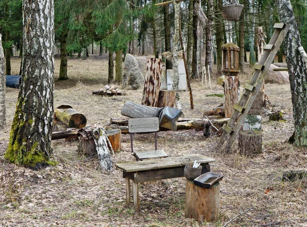 Заброшенный туристический лагерь в весеннем Мартовском лесу . — стоковое фото