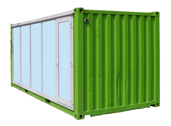 Kiosk na świeżym powietrzu wykonany z zielonego metalowego morskiego kontenera towarowego na białym tle — Zdjęcie stockowe