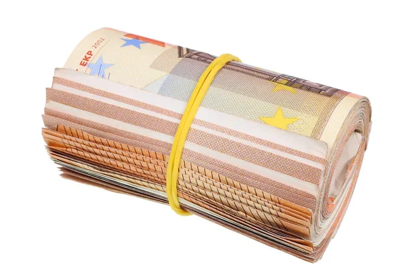 Three thousand euros in fifty euro bills are twisted into a roll — Stock Photo, Image