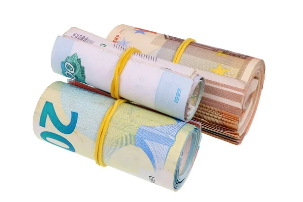 Three thousand euros in different bank notes bills are twisted i — Stock Photo, Image