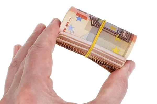 Old  man hold in hand cash of three thousand euros in fifty euro — Stock Photo, Image