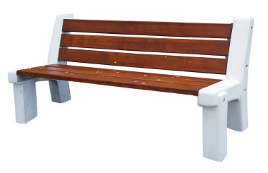 Beton bacaklı ahşap yeni sarı park bankı. İzole edilmiş. Seri üretim oranı