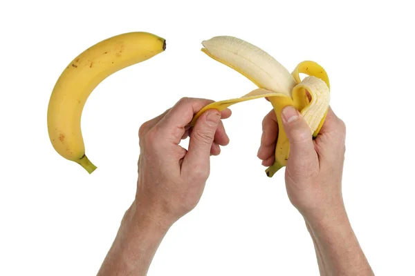Velhote Com Próprias Mãos Está Limpar Frutos Banana Casca Isolado — Fotografia de Stock