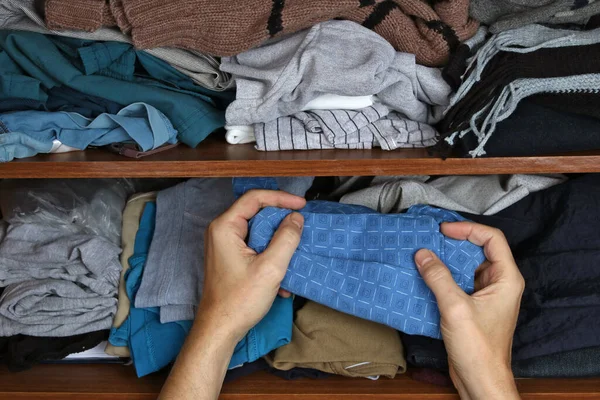 Elderly Poor Man Chooses Clean Blue Panties Wooden Storage Box — Stock Photo, Image