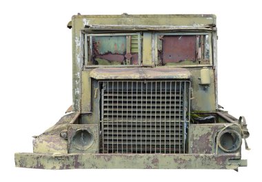 Kırık cam farlar eski yeşil kamyonun radyatörü.